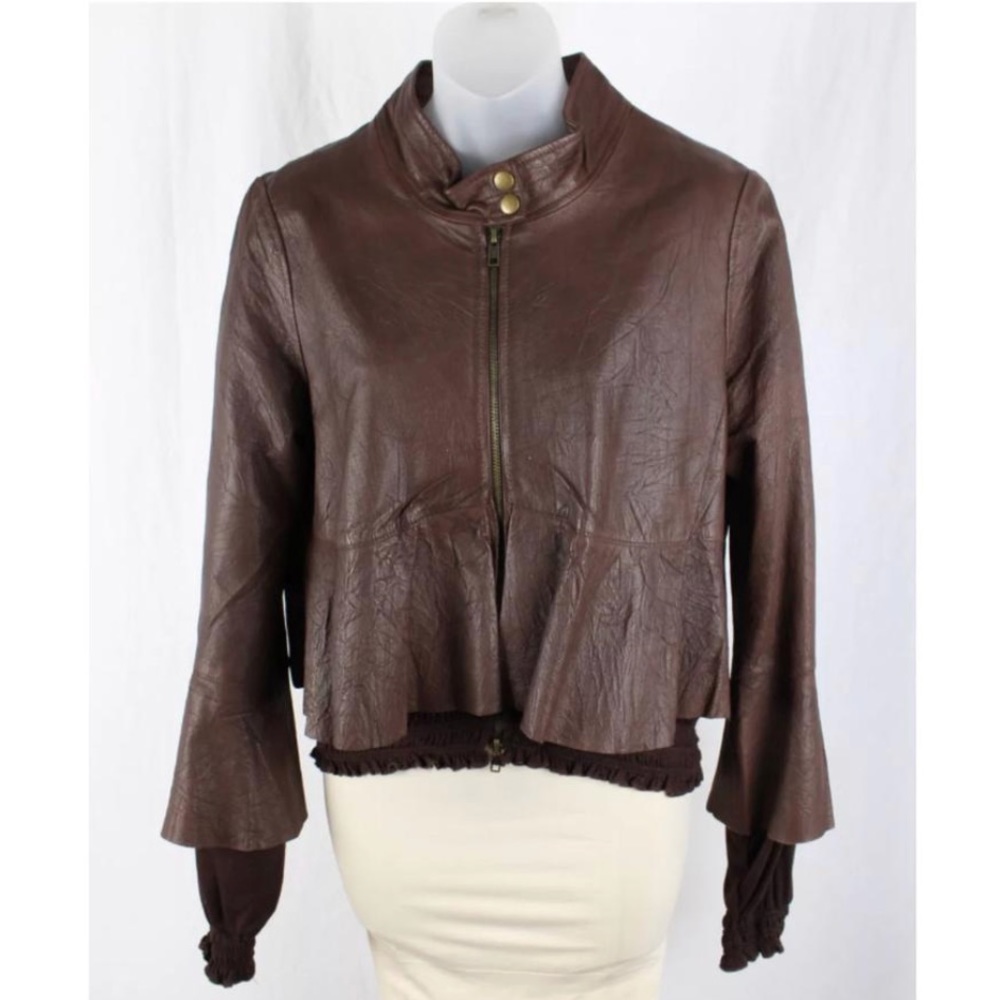 BCBG GENERATION  Brown Leather Moto Ruffle Jacket